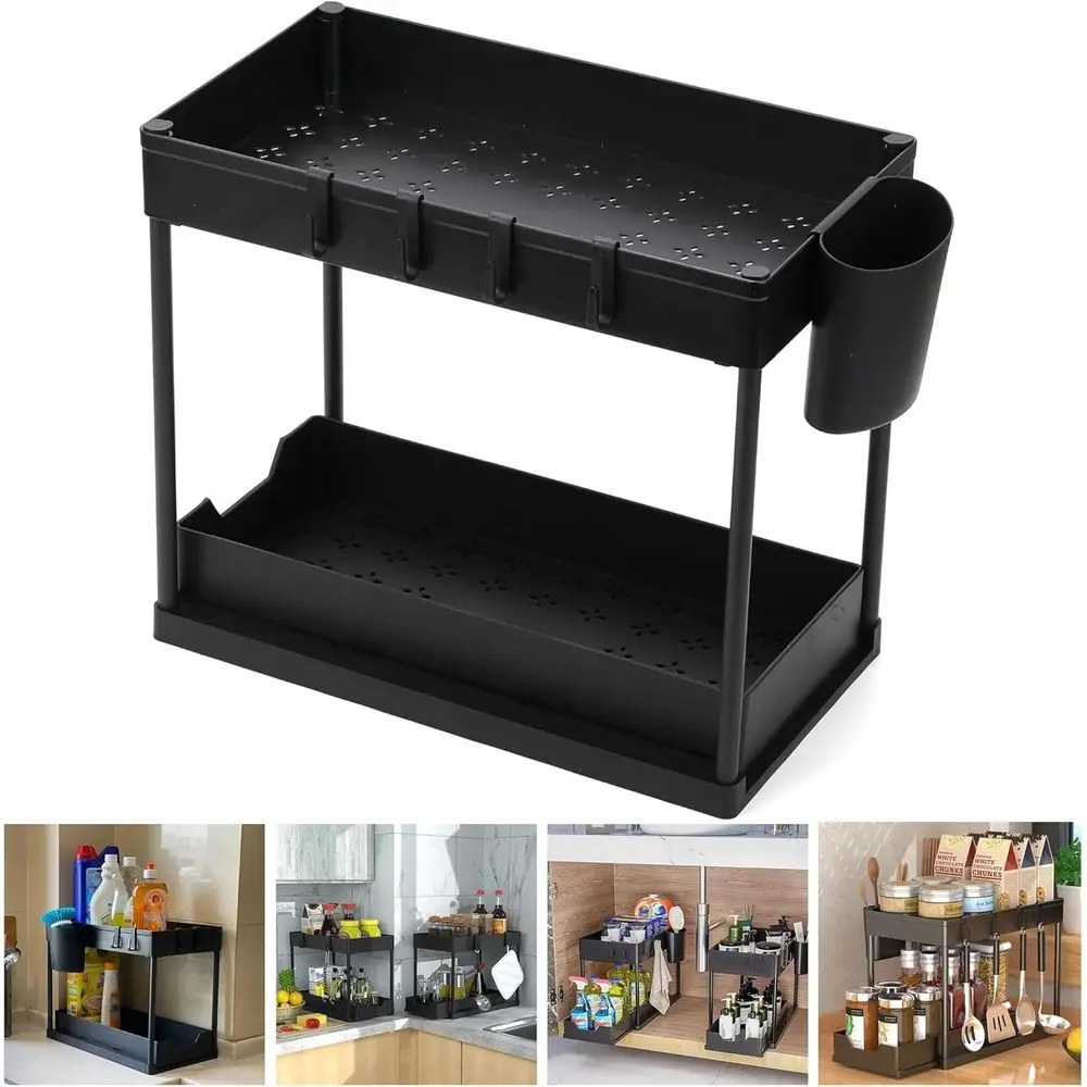

2-Tier Pull-Out Storage Rack for Kitchen, Bathroom & Pantry - Multi-Purpose Organizer with Sliding Baskets