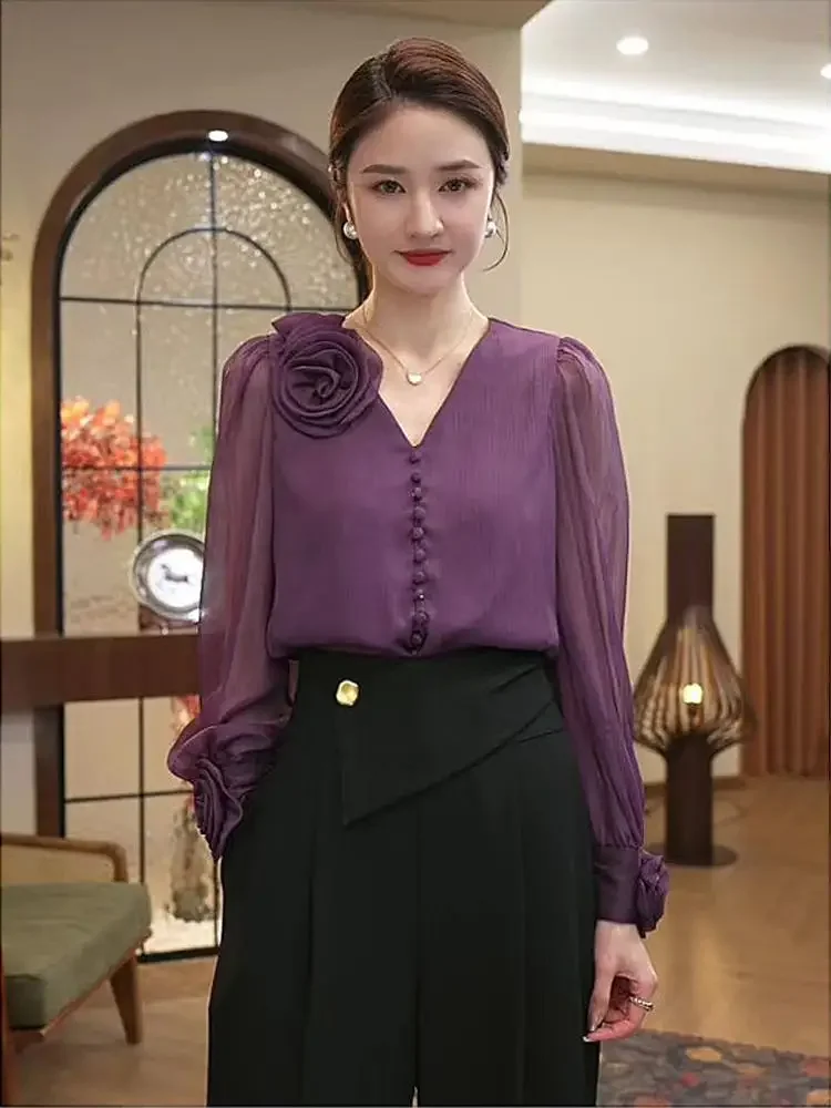 Women Trendy 3D Flower Design Luxury Chic Shirt Office Lady Elegant Commute Blouse Spring Summer Solid V Neck Long Sleeve Tops