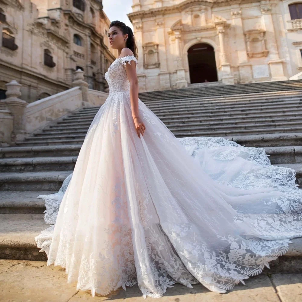 

Customized Shiny Princess Wedding Dresses Lace Applique Beaded Bridal Gown A-Line V-Neck Off The Shoulder Vestido De Novia