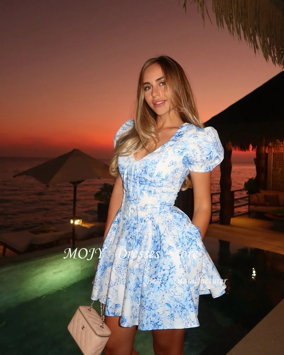 Mojy Sexy Blue and White Porcelain Mini Prom Dresses Short Puff Sleeves Birthday Party Event Dresses Formal Evening Customized