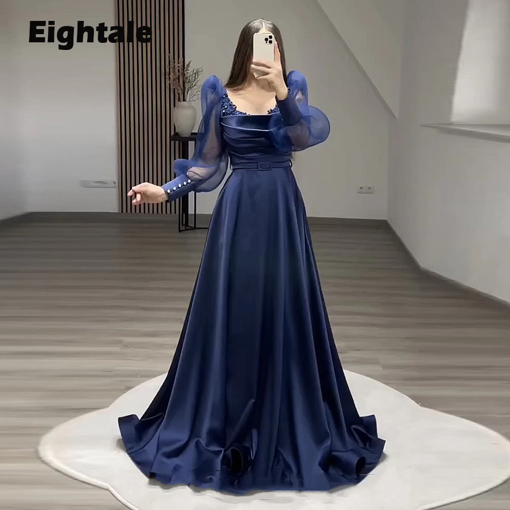 Eightale Navy Blue Prom Dresses for Wedding Satin Customized Long Sleeve Evening Gowns Appliques Beaded Arabic Party Dress