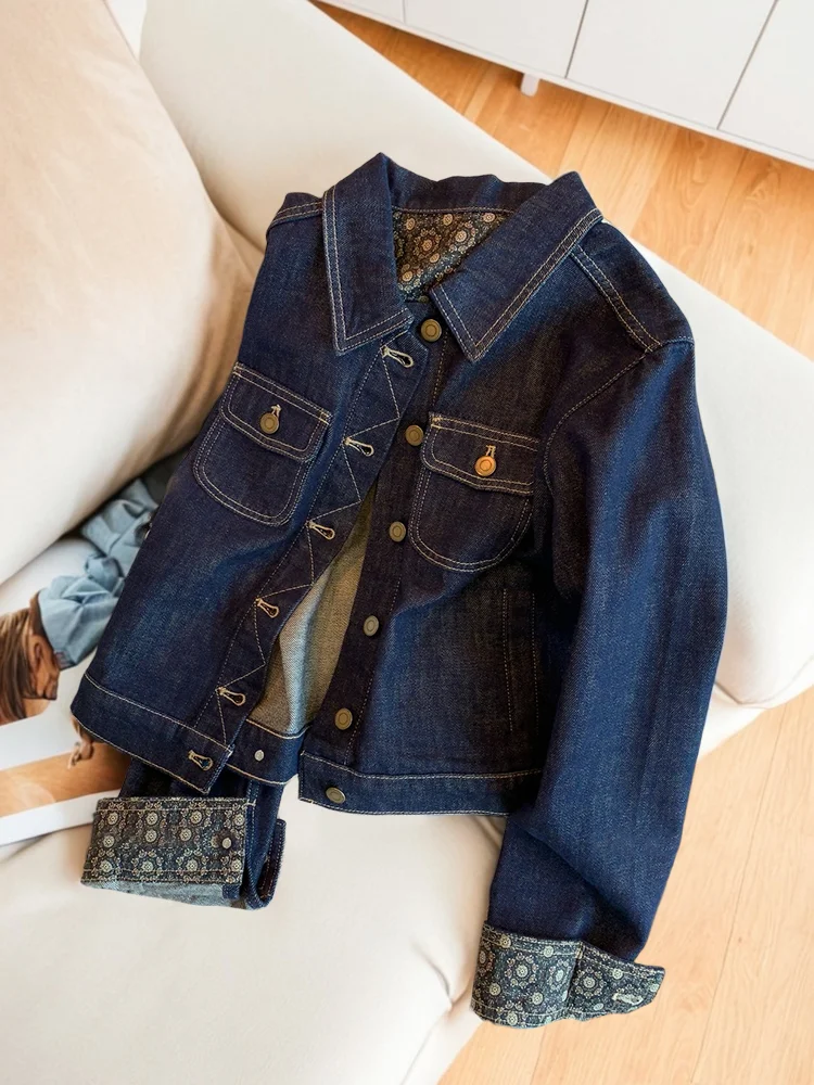 

Deep Blue Retro Heavy Work Color Blo Button up Collar Denim Jaet Women's Spring Autumn Casual Versatile Jaet Top