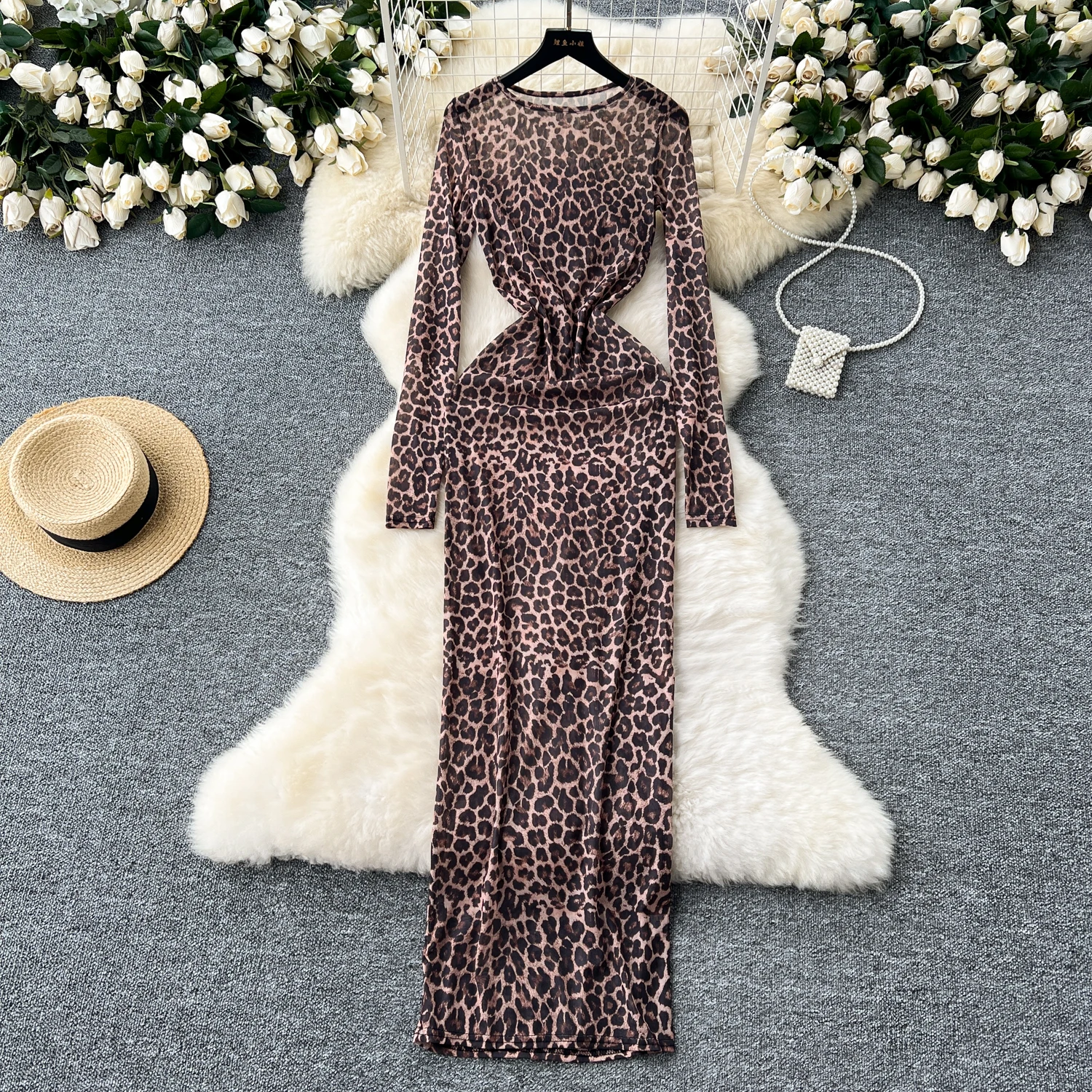 Vestido elegante de leopardo con cuello redondo para mujer, malla transparente, manga suelta, elegante, fiesta de verano, moda Retro