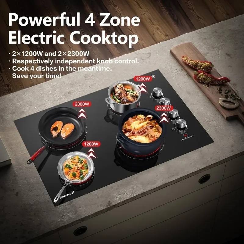 30 Inch Built-in Electric Cooktop,7000W and 4 Burners Cooktop with ETL Safety Certified,Knob Control Levels