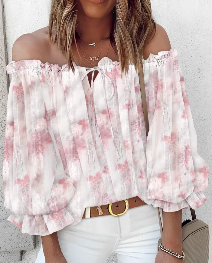 Women's Blouse Tops New Casual Plants Print Lace Patch Cold Shoulder Top 2025 Fashion Female Shirt for Women Clothing