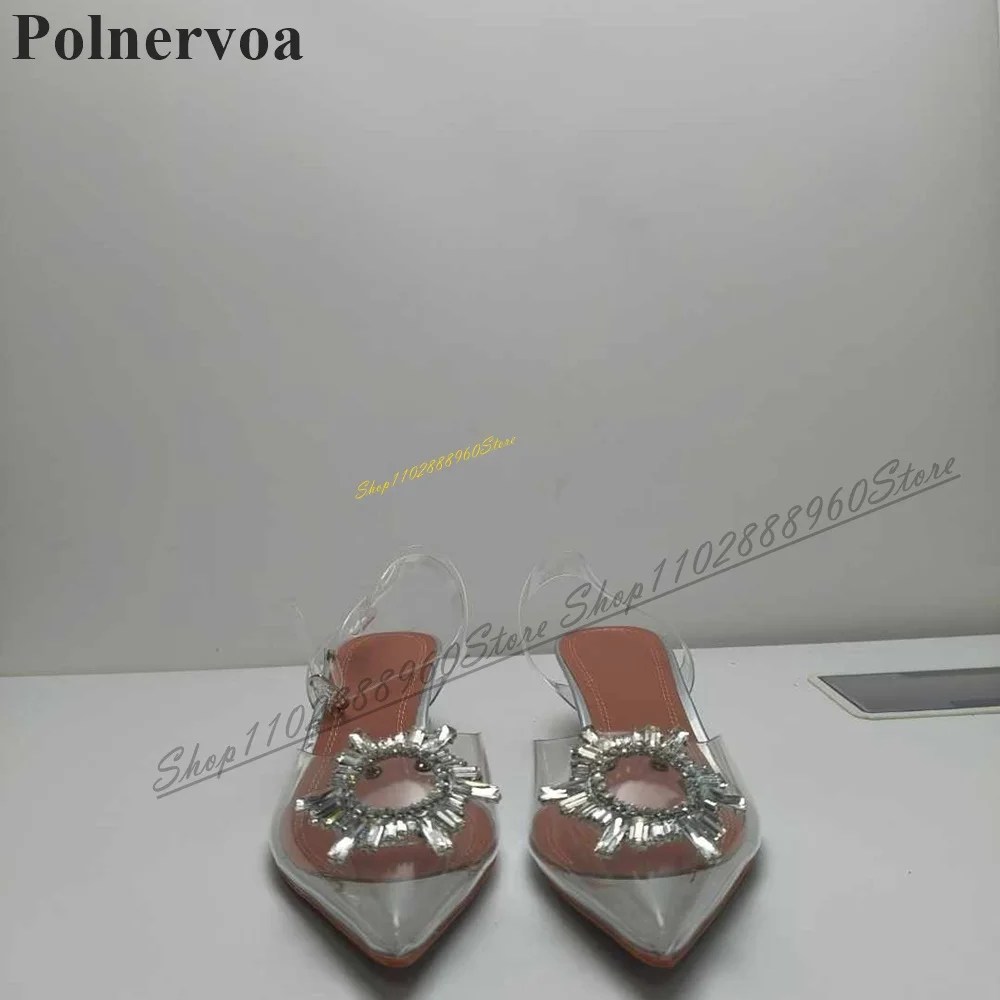 Slingback Clear PVC Kristal Decoratie Sandalen Clear Hak Vrouwen Schoenen Terug Band Puntschoen 2024 Mode Zapatos Para Mujere