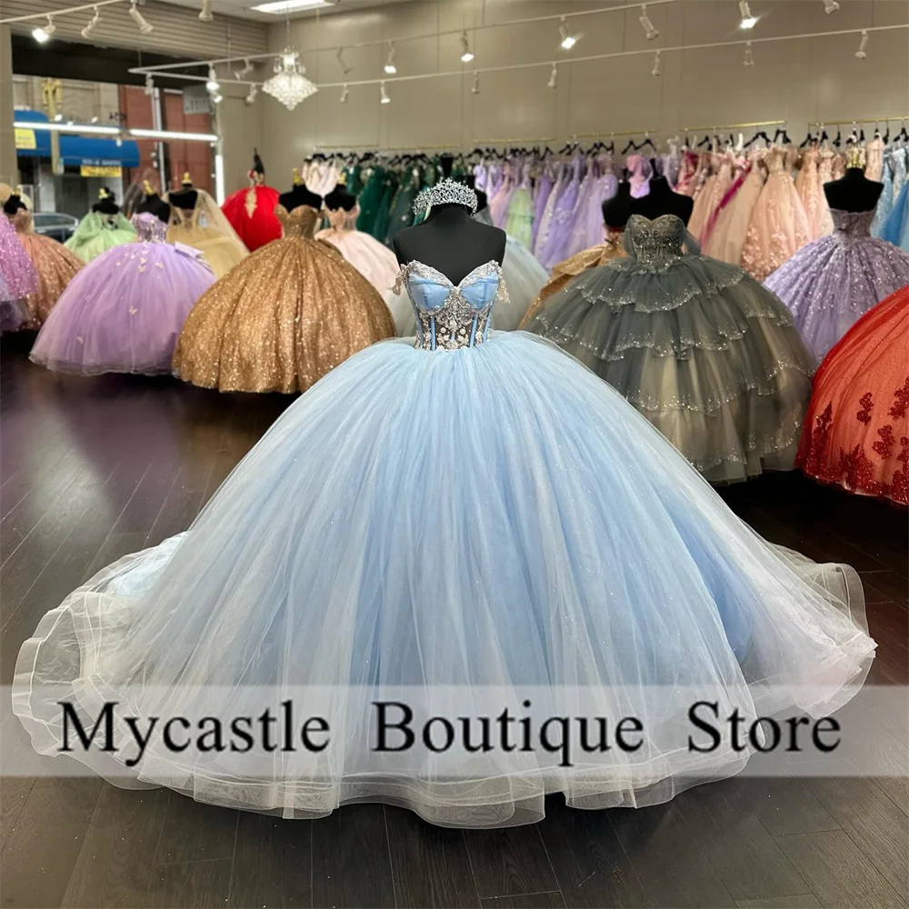 

New Blue Lace Ball Gown Quinceanera Dresses 2024 Crystals Appliqued Sweetheart Sweet 15 Dress Birthdays Corset Masquerade Dress