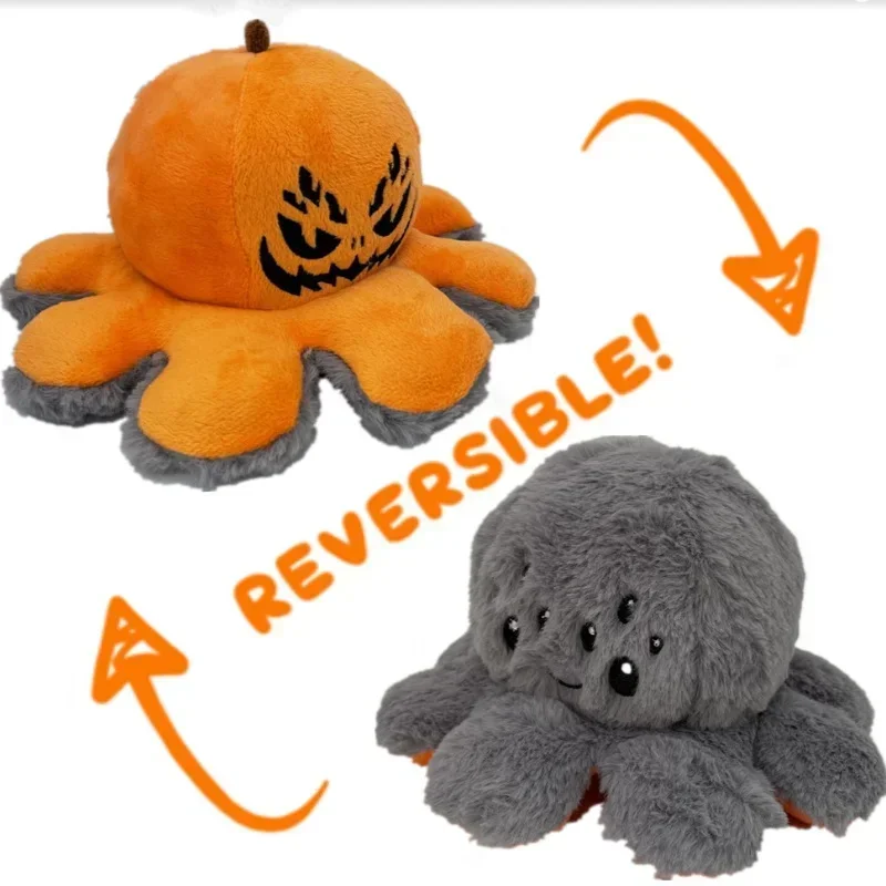 New Halloween Pumpkin Head Doll Cartoon Anime Character Children's Funny Props Kawaii Two-sided Pumpkin Turned Into Octopus Toy