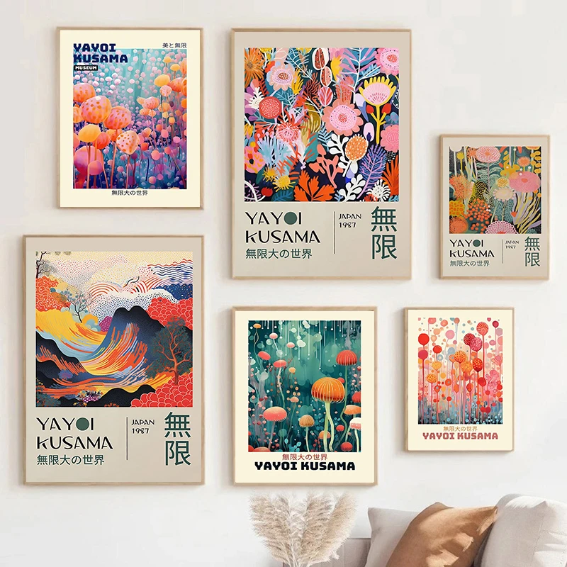 1pc frameless Canvas Painting Yayoi Kusama Infinite World Colorful Jellyfish Flowers Poster Prints Japanese Canvas Painting Wall