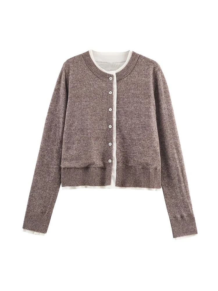 

European and American style 2025 autumn new arrivals women's round neck slim long sleeve contrast color knitted jacket
