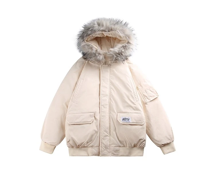 Winter Men's Multi-Pocket Patchwork Black Hooded Cotton Jacket American Style Thickened Gray Apricot Casual Parka Cotton Coat