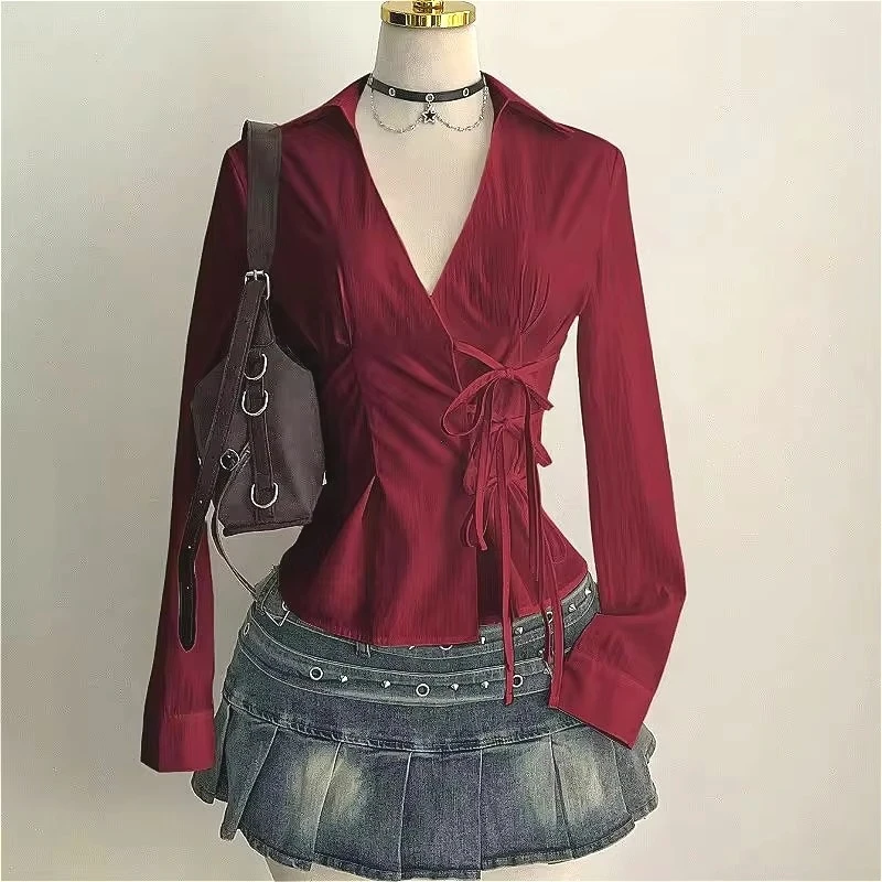 Harajuku Women's Shirt Unique Aesthetic Solid Color Slim Fit Sexy Y2K Girls Tie-Waist Gothic Street Style Casual V-Neck Tops