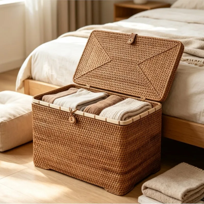 Rattan Storage Box Rectangular with Lid Dustproof Woven Basket Organizer for Wardrobe Clothing Boutique Hotel Home Decor Rustic