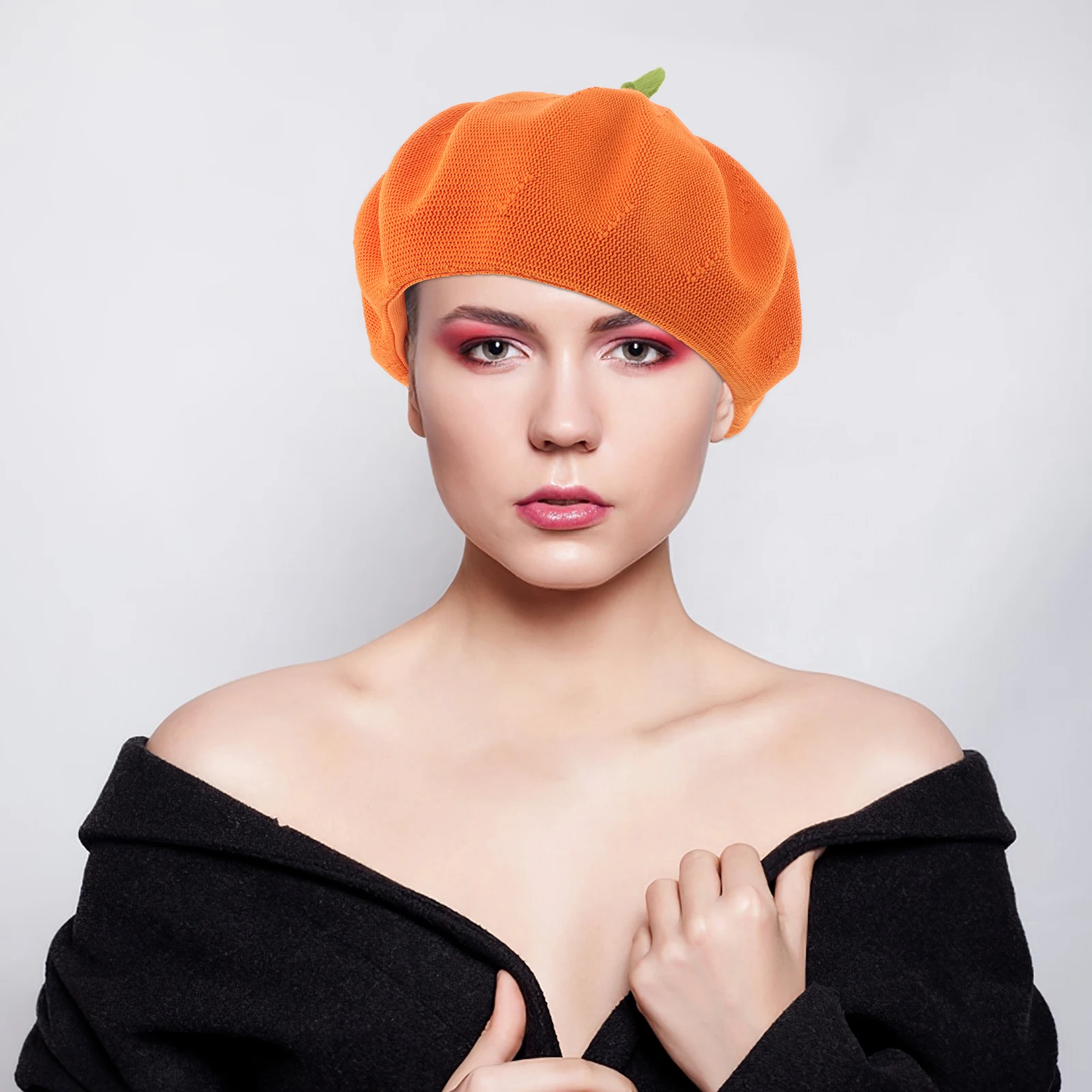 

Kawaii Orange Fruit Beret Hat Cute Autumn Warm Beanie Cap Leaf Accent Vintage Style Girls Women Artist Headwear
