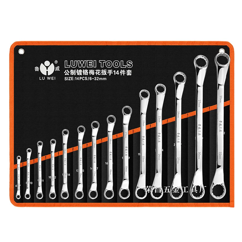 6-32Offset Box End Wrench Set,Carbon Steel Metric 45-Degree,Long Double Ring Wrench Spanners with Rolling Pouch