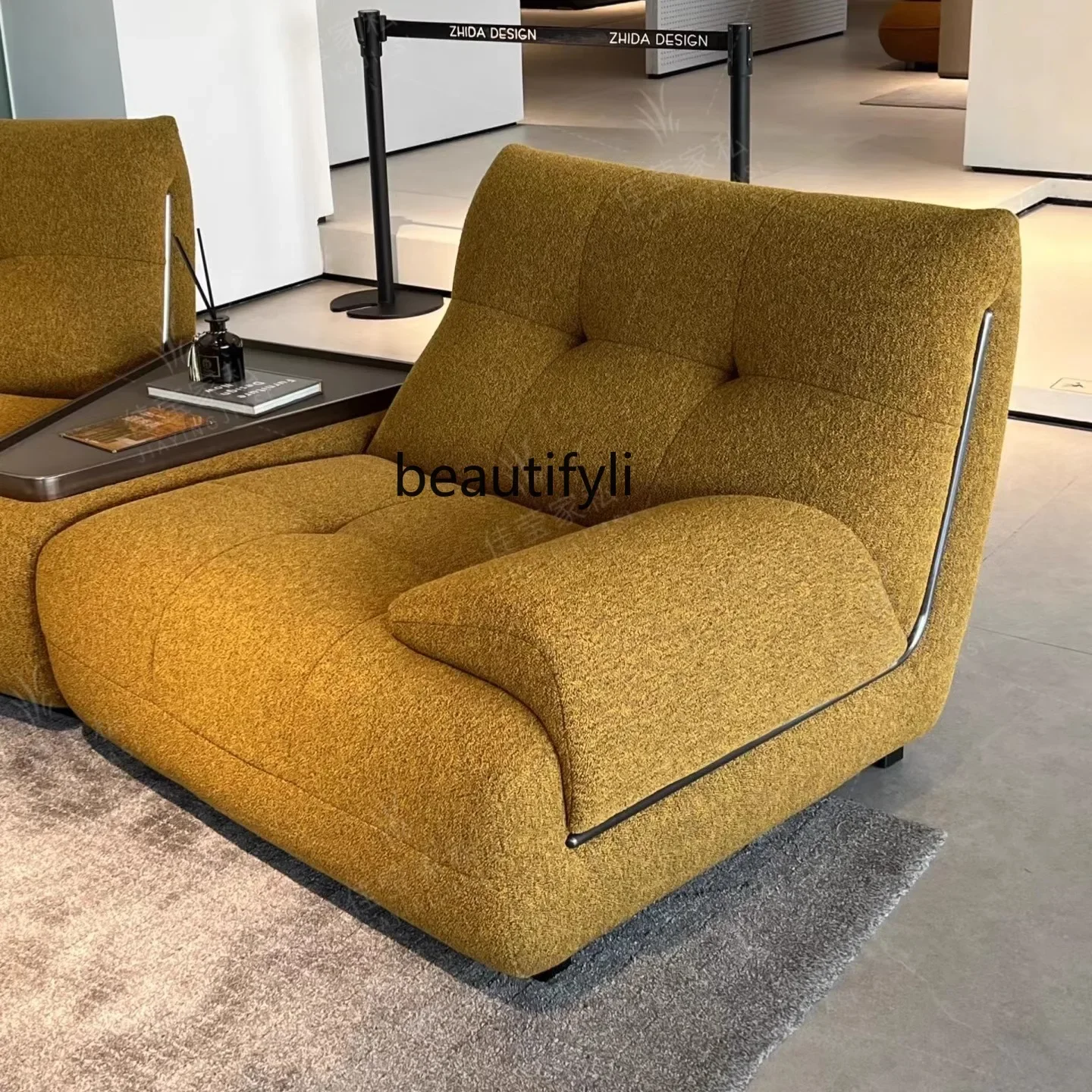 

A57 Simple light luxury stainless steel living room combination fabric sofa designer model room rest single seat solid wood edge