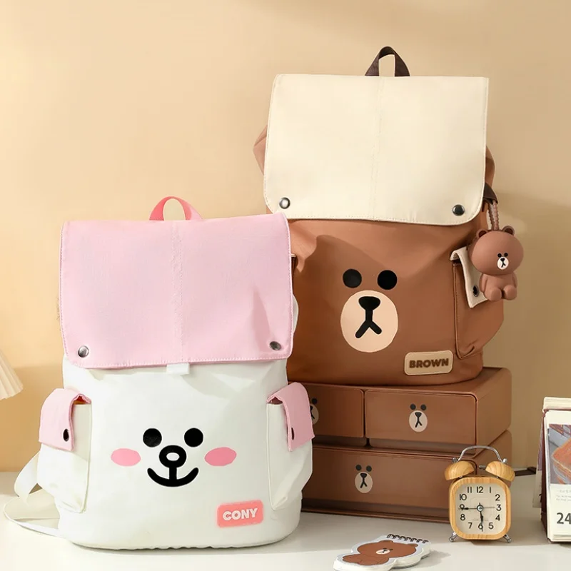 LINE FRIENDS Brown Cute Cartoon Backpack Student Girl Anime Kawaii Travel Casual Canvas Large Capacity Backpack Birthday Gift