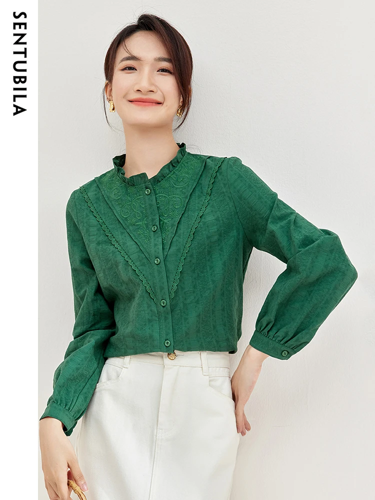 SENTUBILA Knitted Chiffon Blouse For Woman Long Sleeve 2024 Autumn Elegant Cotton Shirts Women Casual Button Shirts 133C50544