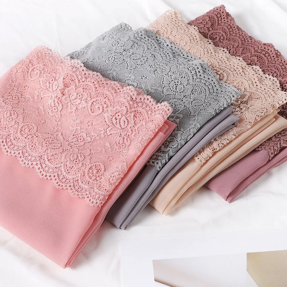 

Versatile Elegant Silk Scarf Lace Edge Soft Chiffon Hijab Veil Solid Color Breathable Headwraps Women Headwear