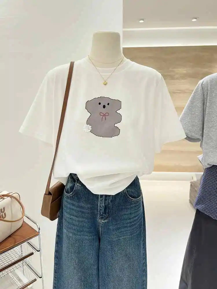 Sommer Gedruckt Baumwolle T-shirt für Frauen Rundhals Kurzarm Bär Muster Weibliche Tees Koreanische Casual Mode Applikationen Top
