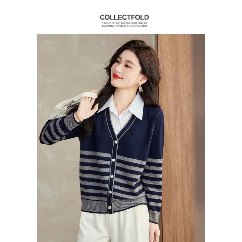 Suéter de dos piezas falso a la moda para mujer, Top de Color a juego con cuello de camisa, camisa de fondo de Color contrastante, otoño 2025