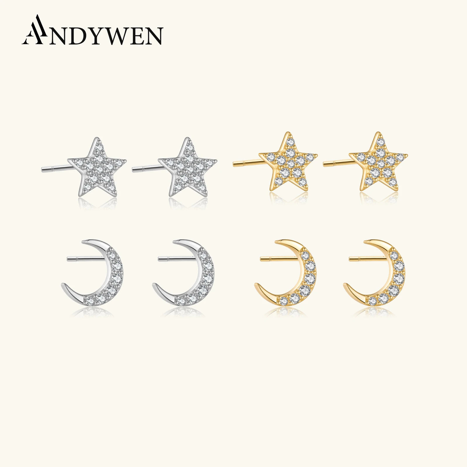 

ANDYWEN стерлингового серебра 925 пробы, мини-звезда, пирсинг, золото, роскошные длинные блестящие серьги-гвоздики, зажимы для пирсинга Луны, свадебный подарок