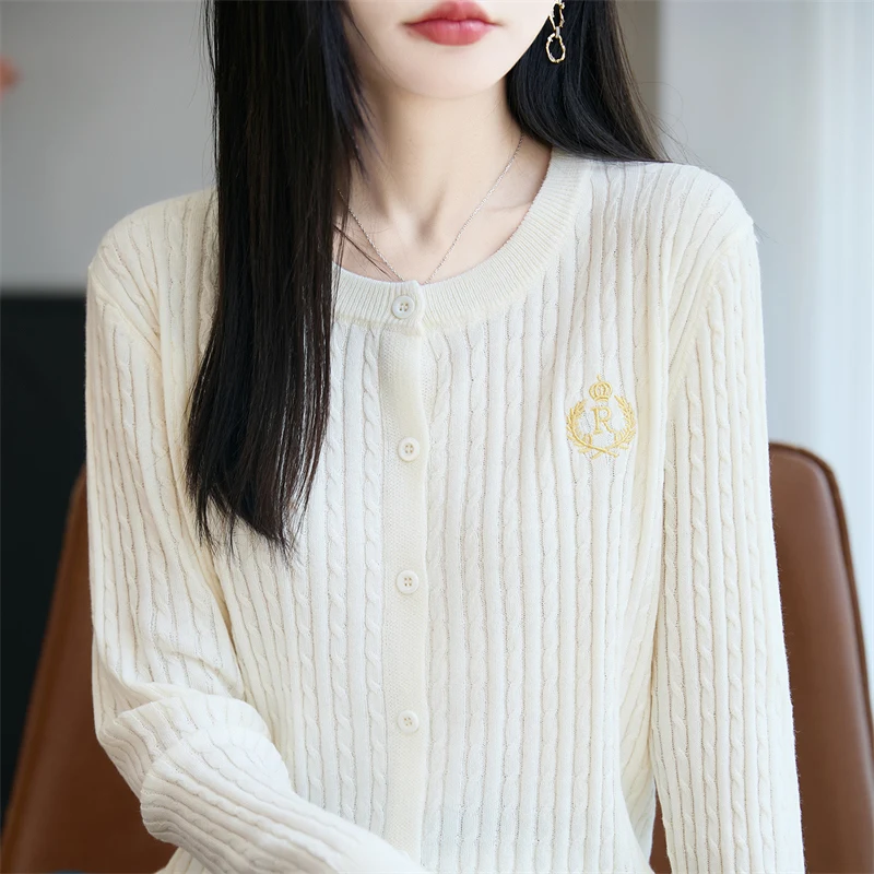 المرأة الملتوية زهرة مطرزة سترة جولة الرقبة واحدة الصدر محبوك سترة طويلة الأكمام تنوعا قمة الموضة