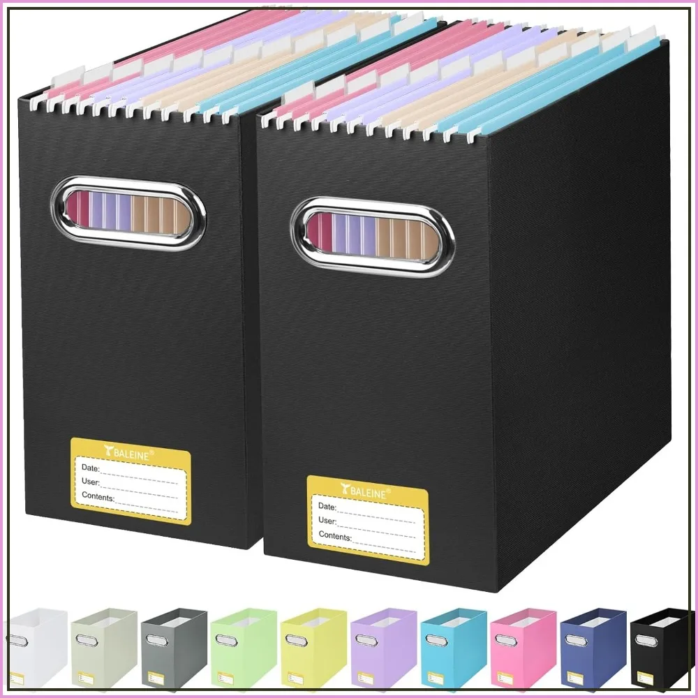 Portable Collapsible File Organizer Box with Handles for Letter Size Documents, 2-Pack Black