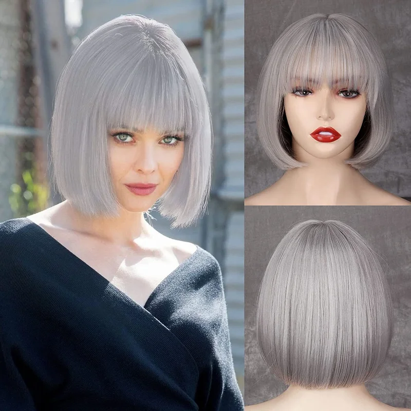 

Short Straight Silver Bob with Bangs Grey Synthetic Heat Safe Wig for Women