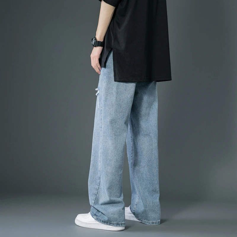 Spring and Summer New Style Is Thin Ripped Jeans Korean Street Fashion Loose Denim Trousers Baggy Blue Casual Pants