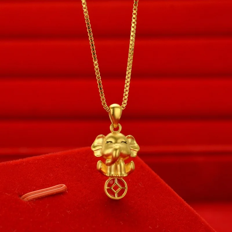 AU999 24K pure gold women lucky elephant copper coin pendant necklace,peaceful lucky talisman jewelry for women holiday presents