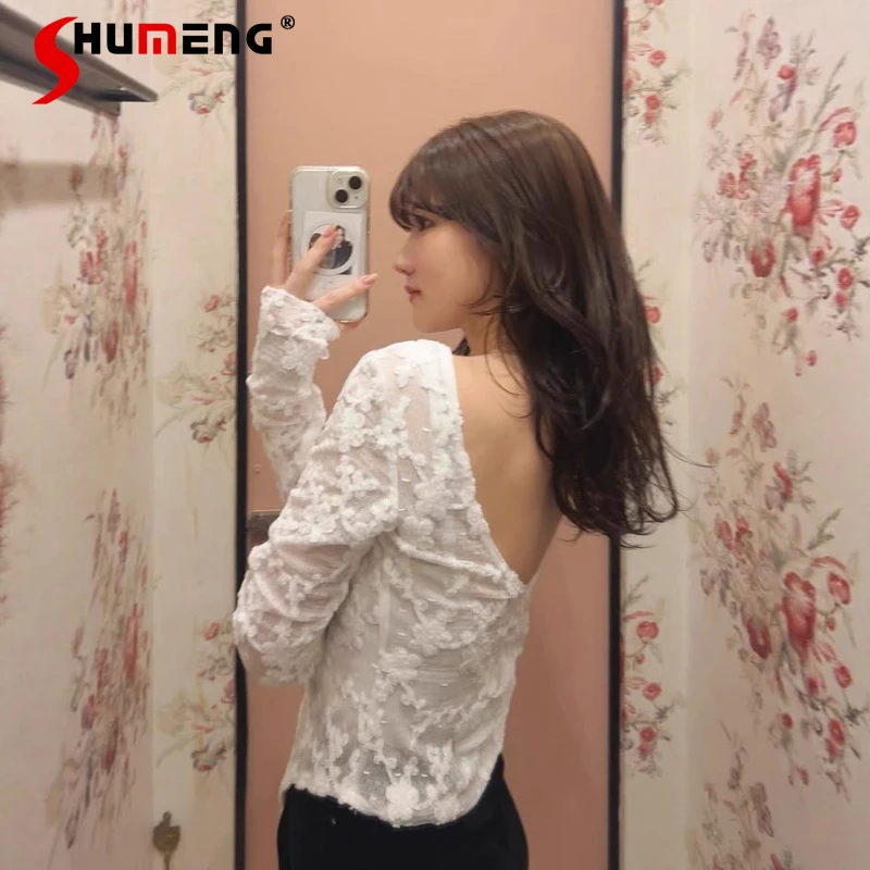 

Japanese Exquisite Elegant 3D Flower Lace Slim Fit Stretchy Backless Sweet Long Sleeves T-shirt Bodysuit Thin Bottoming Shirt
