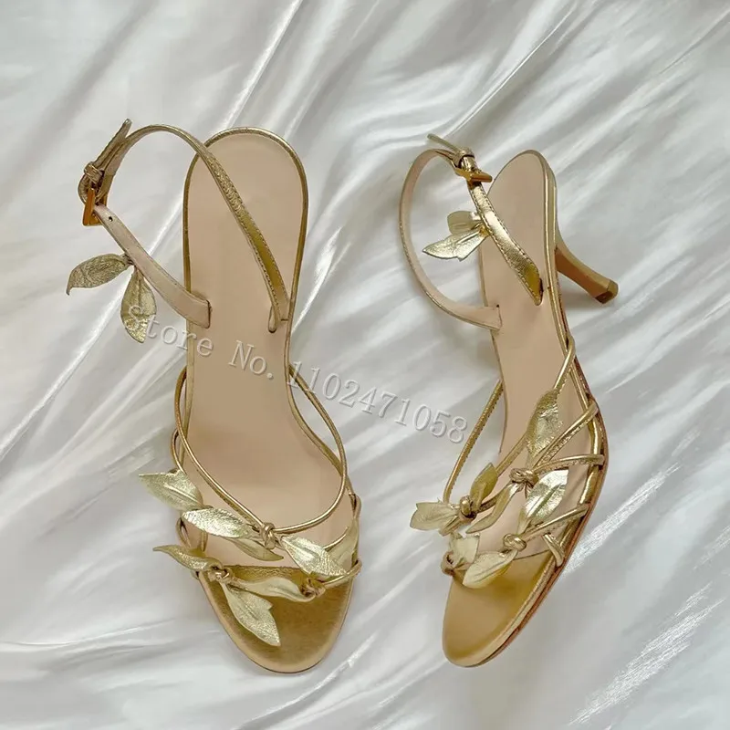 Roman Narrow Band Golden Petals Decor Sandals for women Peep Toe Thin Heel Ankle Strap Sandals Ladies Leather Hight Heels Shoes