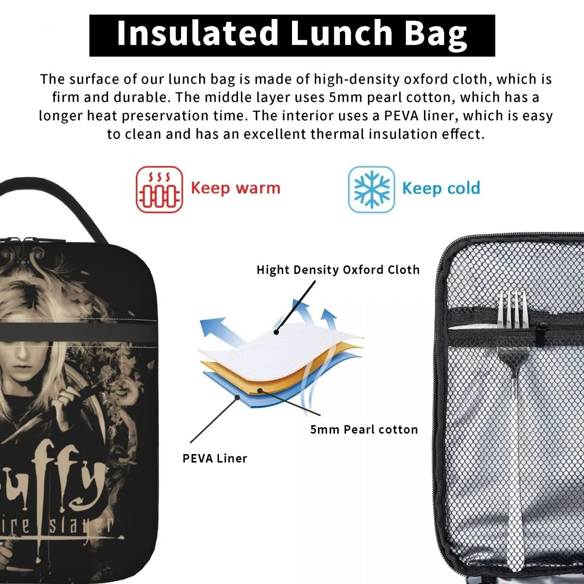 Buffys The Vampires Slayers سبايك حقيبة الغداء للطفل طباعة علب الاغذية Kawaii مكتب حقيبة للحفاظ على البرودة مريحة أكسفورد حمل أكياس الغذاء
