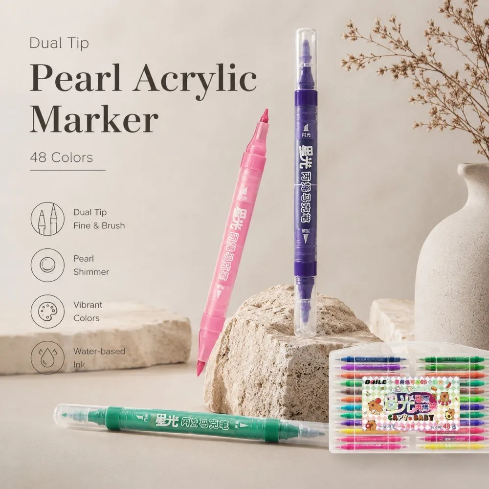 

12-48PCS Dual Nib Acrylic Glitter Paint Markers Waterproof Art Marker for Kids Handbook Clip Art Rock Painting Glass Wood Canvas