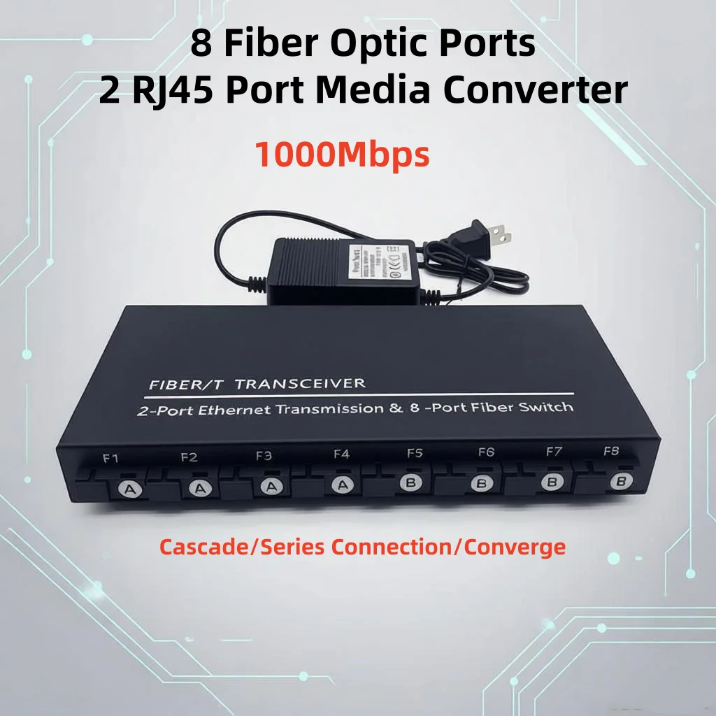 

Оптический медиаконвертер 100/1000M Gigabit Ethernet с 8 портами 1.25G Fiber и 2 портами RJ45, трансивер 20 км SC, одномодовый
