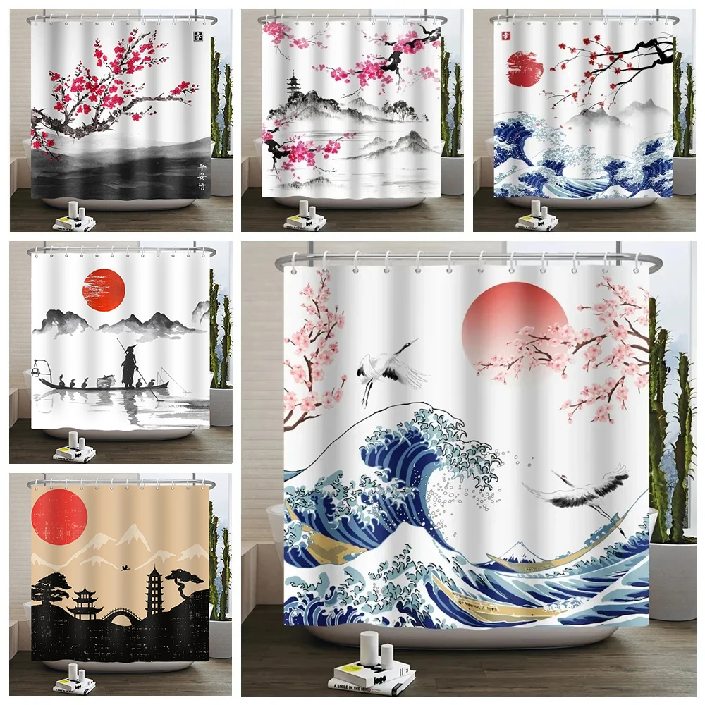 Japanese-style Sun Plum Blossom Shower Curtain Sunrise Landscape Tower Fabric Waterproof Polyester Shower Curtain Hooks Bathroom