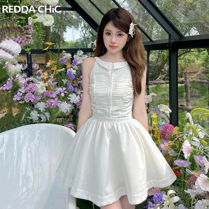 REDDACHiC Revers Turkse Witte Jurk voor Vrouwen Mouwloze Stitch Kant Plooien Shirt Jurk Bruiloft Gast Afstuderen Zomerkleding