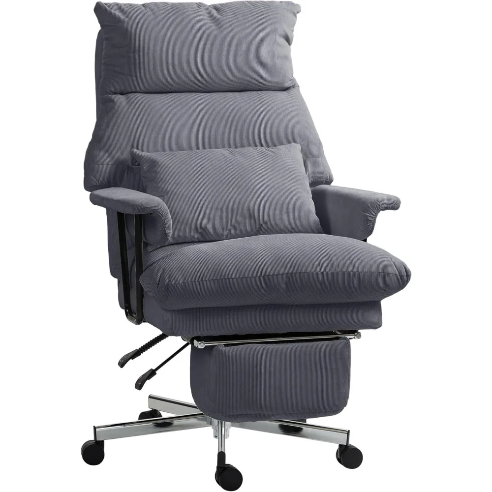 

Large overstuffed office chair with high back, lumbar support, footrest, reclining function, swivel wheels, and thick padding