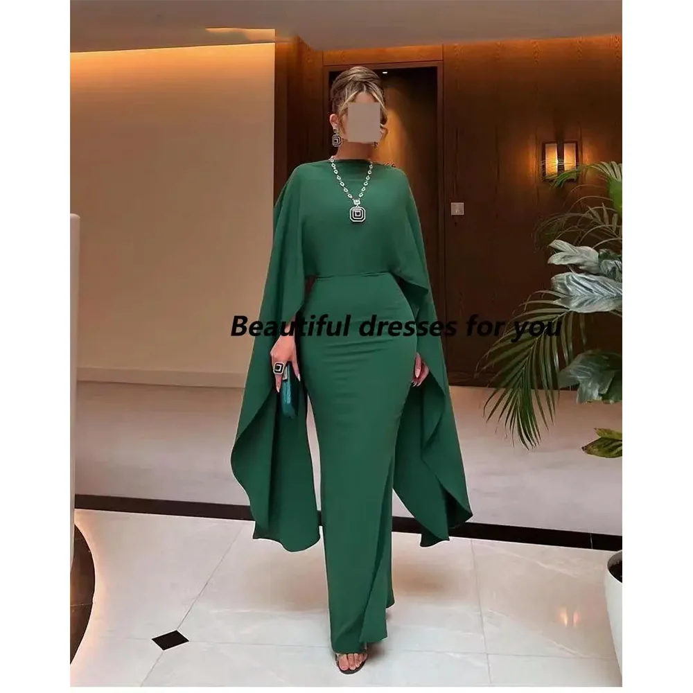 

Vintage Green Evening Dresses Customized O-Neck Cap Sleeve Straight Pleat Jersey Evening Gowns Ankle Length Formal Party Dress