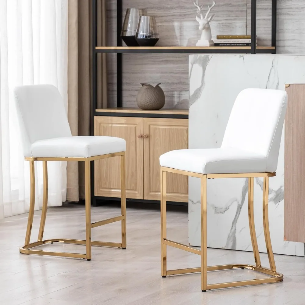 Bar Stools Set of 2 Leather Counter Stools with Gold Legs, 24"  White Island Chairs Upholstered Kitchen Bar Chairs with Back for