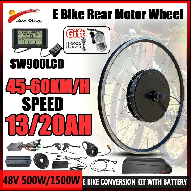 45-60KM/H Speed E Bike Conversion Kit 48V 500W/1500W Powerful Rear Brushless Hub Motor Wheel E Bike Kit with SW900LCD Display