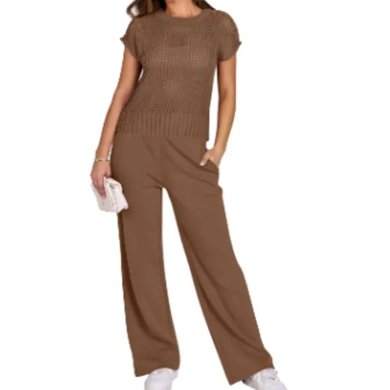 Fato de calças compridas oco elegante feminino, pulôver com decote em O, conjunto de calças retas, casual, manga curta, roupas soltas sólidas, fashion, 2 peças