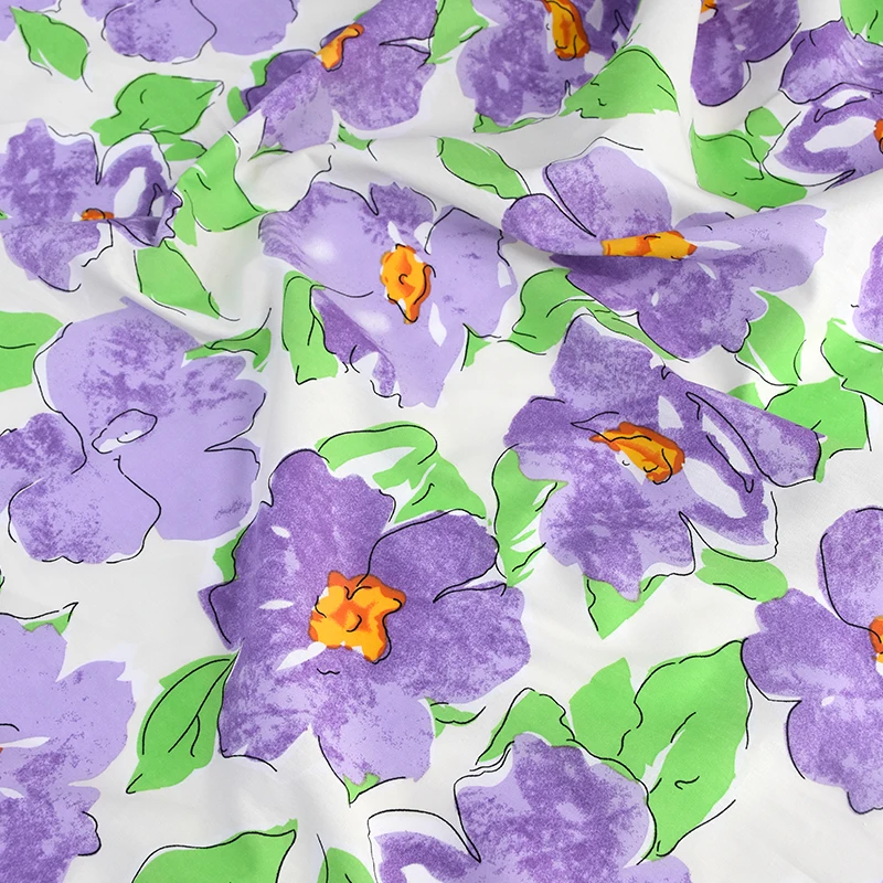 

Spring and summer pure cotton floral fabric Monet oil painting purple smudged big flower fabric dress skirt cloth