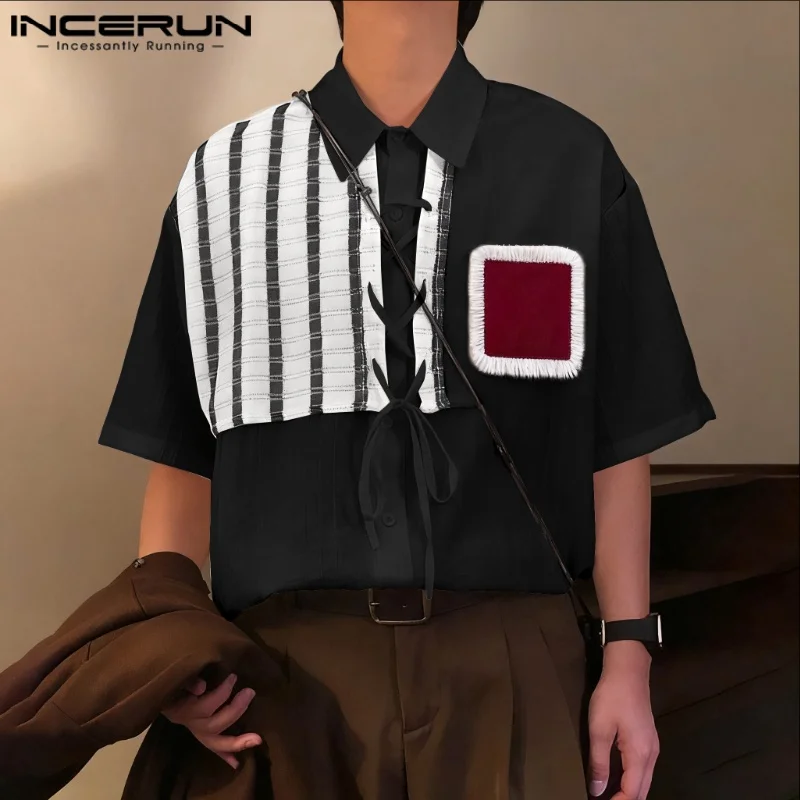 INCERUN Men Shirt Patchwork Color-block Lapel Short Sleeve Men Clothing Streetwear Loose Korean Style Fashion Casual Tops S-5XL