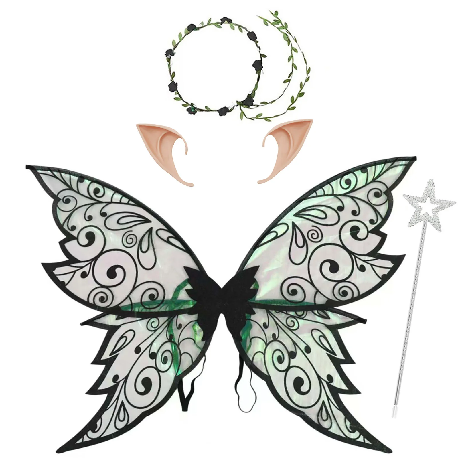 Women Adults Fairy Wings Girls Glitter Butterfly Fairy Wings+Fairy Ears+Garland+Wand for Halloween Cosplay Costume Accessories