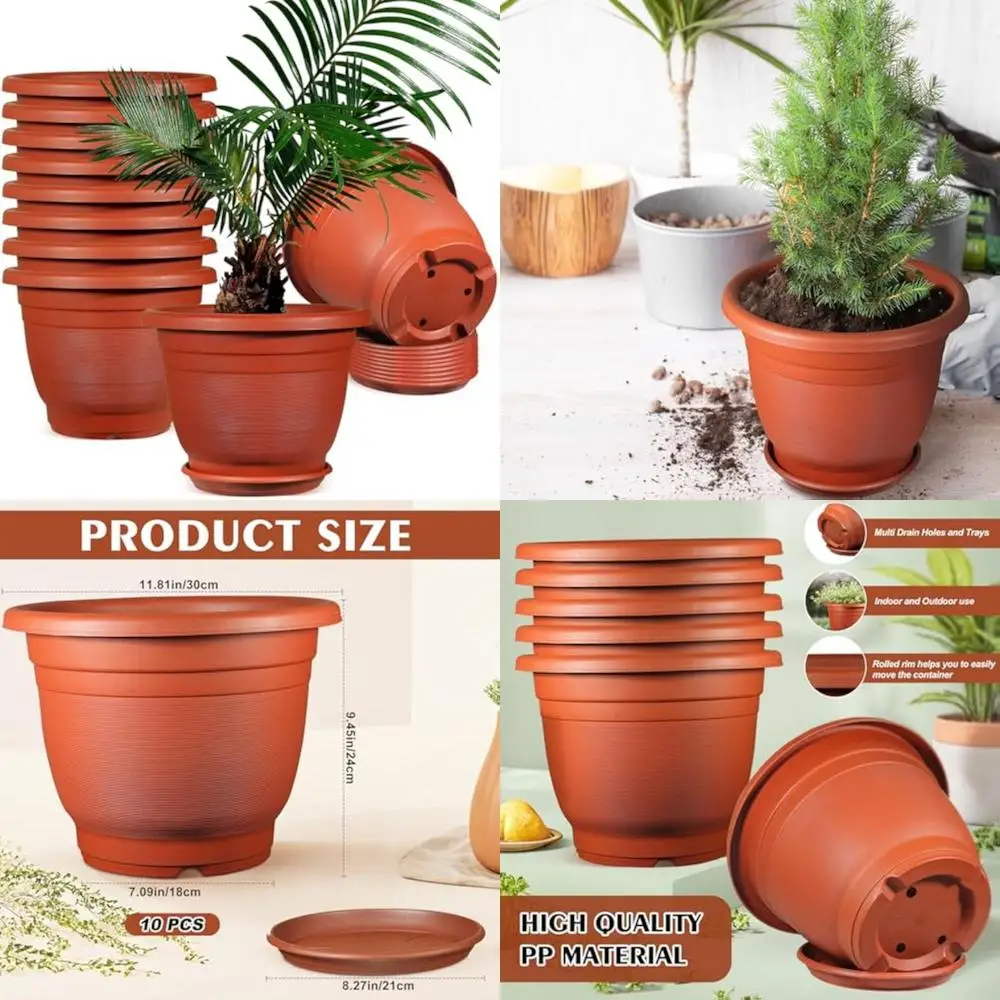 

10 pack 12 inch plastic flower pots planters for indoor plants, plant pots with drainage hole and tray large plant pot with sauc