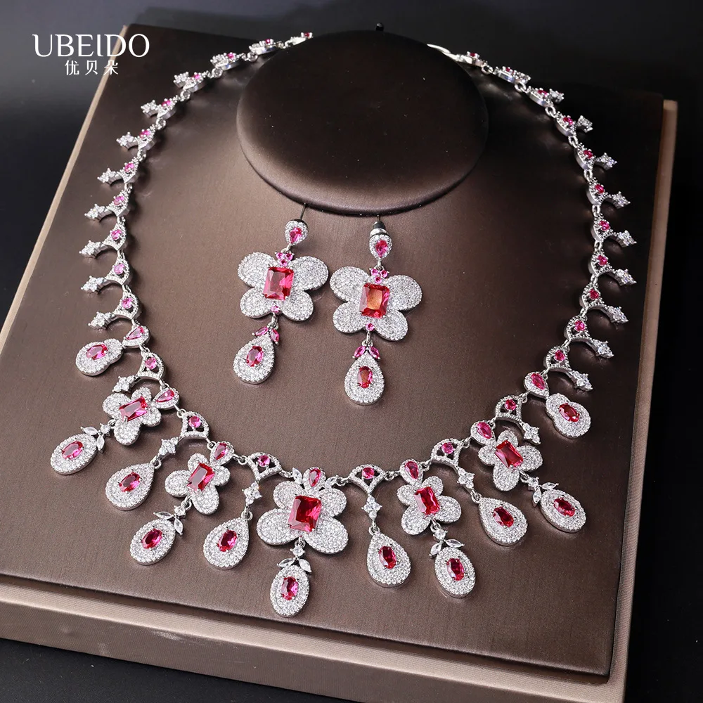 

Luxury Palace Style Ruby Zircon Butterfly Jewelry Set, Necklace Earrings Bridal Dress Accessories, High End Banquet Fine Jewelry