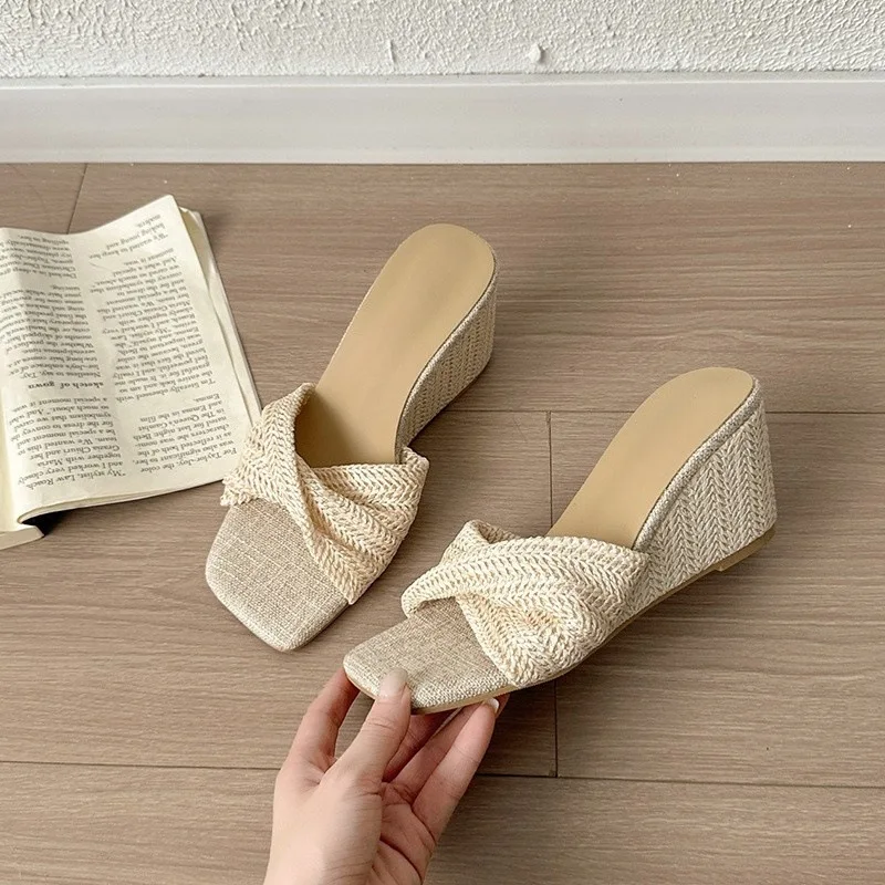 

Women's Wedge Slippers 2026 New Summer Heel Slippers For Petite Height Increasing Peep Toe Woven High Heel Slides Outdoor Shoes