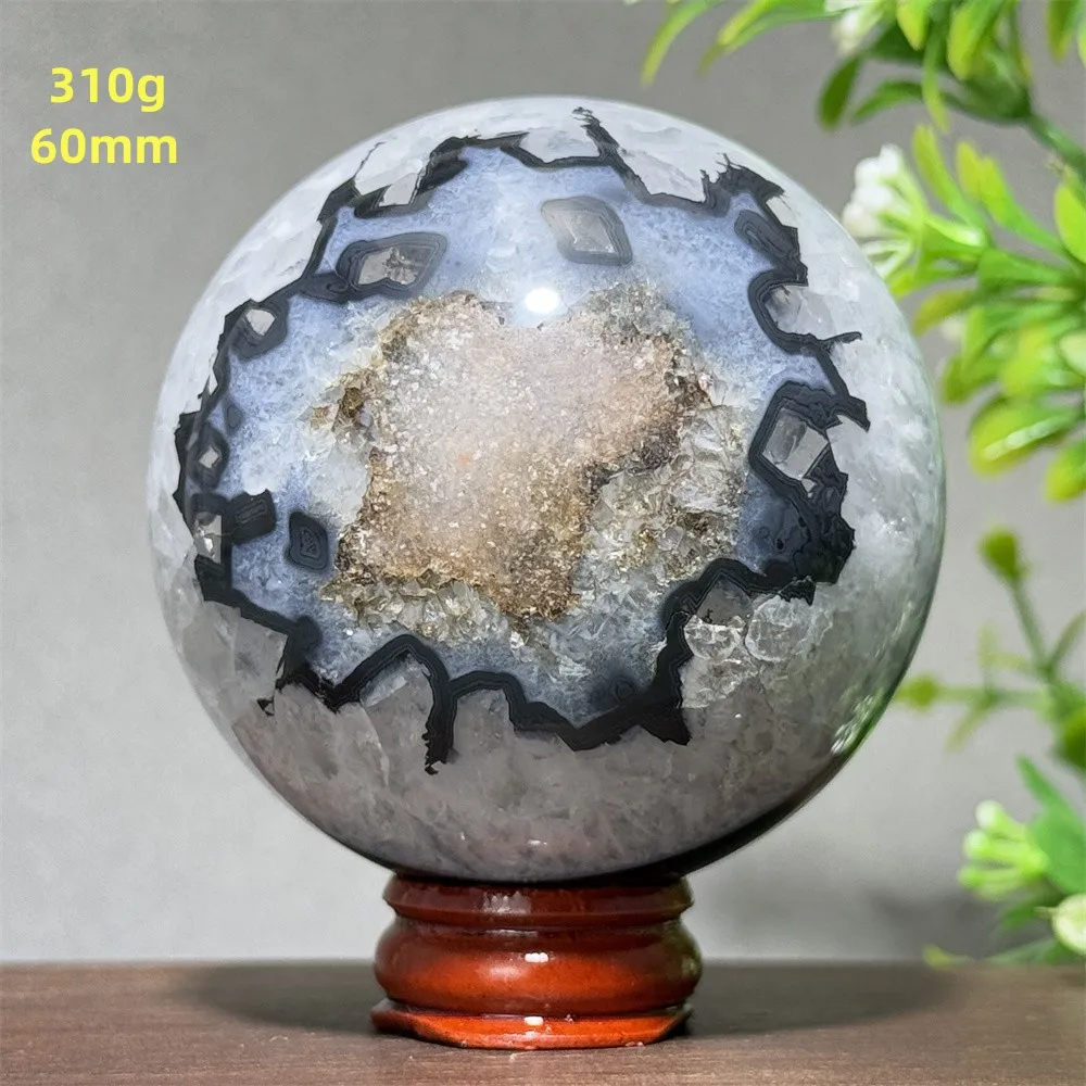 Natural Black Agate Mineral Quartz Ball Aura Treatment Witchcraft Chakra Divination Energy Home Feng Shui Decorative Gift+Base view 4